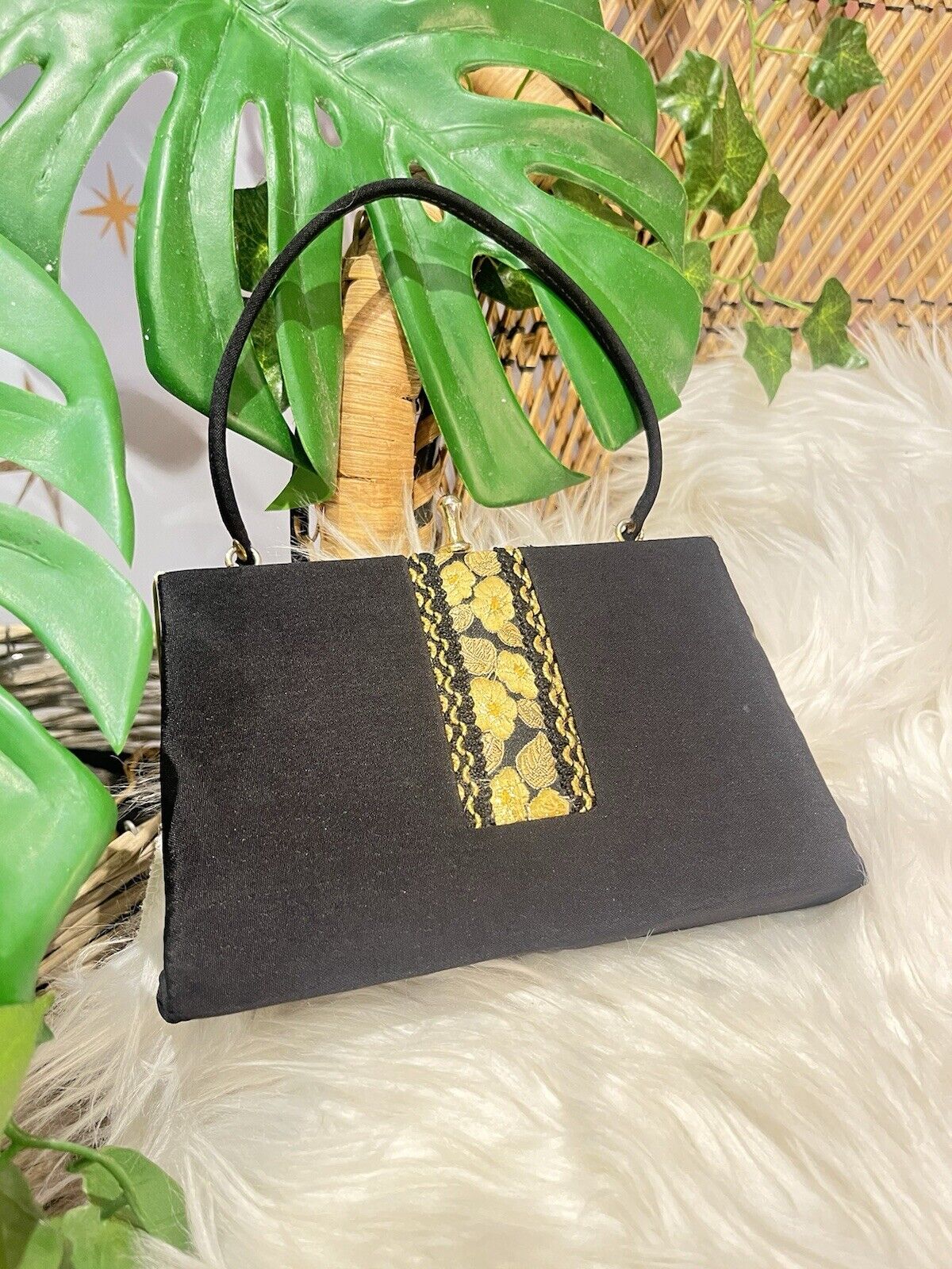 Vintage 60s Embroidered Handbag 1960s Evening Bag Top Handle Purse Black Gold