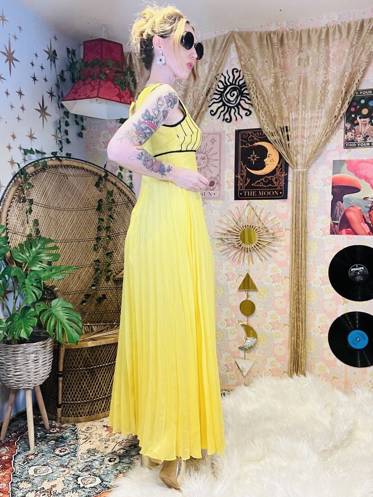 Vintage 60s Maxi Dress Fit And Flare Yellow Pleated Summer Dress Size 8