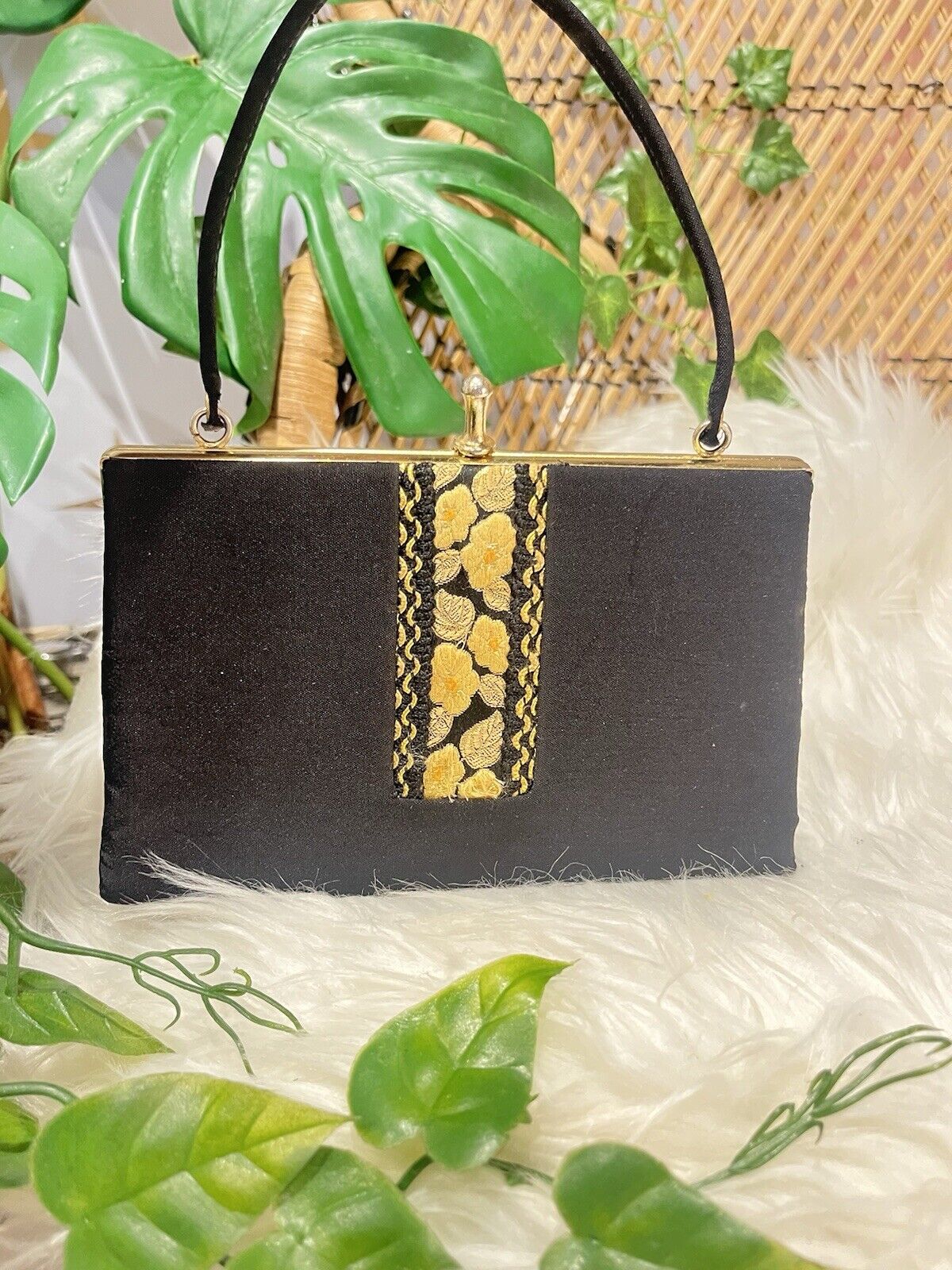 Vintage 60s Embroidered Handbag 1960s Evening Bag Top Handle Purse Black Gold