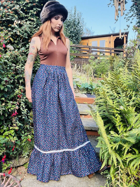 Vintage 60s Maxi Skirt Ditsy Cottage Cottagecore Long Skirt Blue Size 8-10