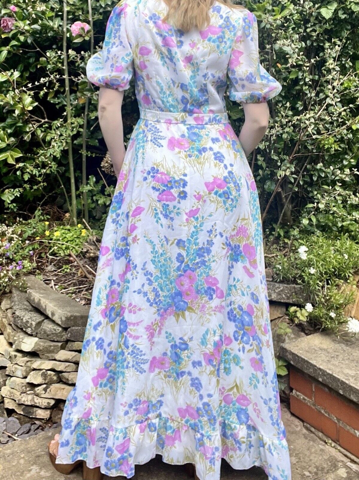 Vintage 80s Summer Dress Maxi Length Prairie Style With Flowers Size 12