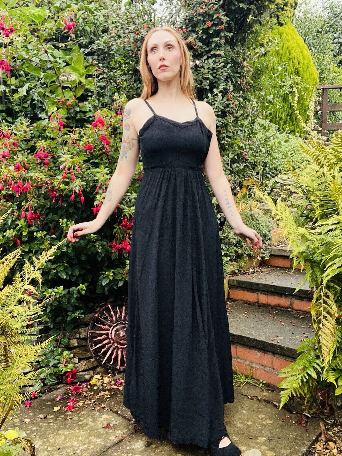 Vintage 70s Maxi Dress By Elkont Whimsigoth Long Strappy Dressed Black Size 8