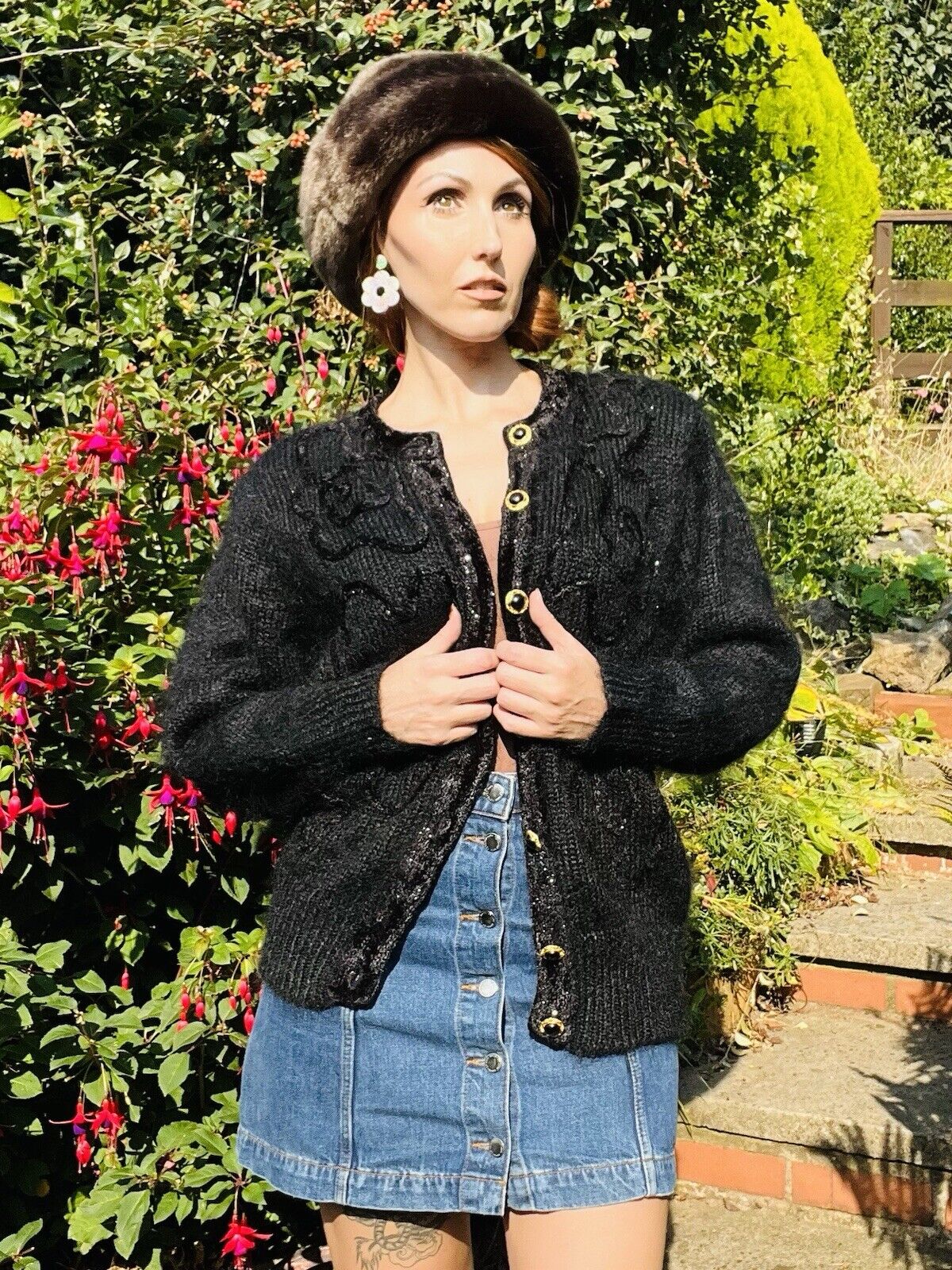 Vintage 80s Retro Cardigan Fluffy Woolly Knit 1980s Warm Winter Cardigan Size M