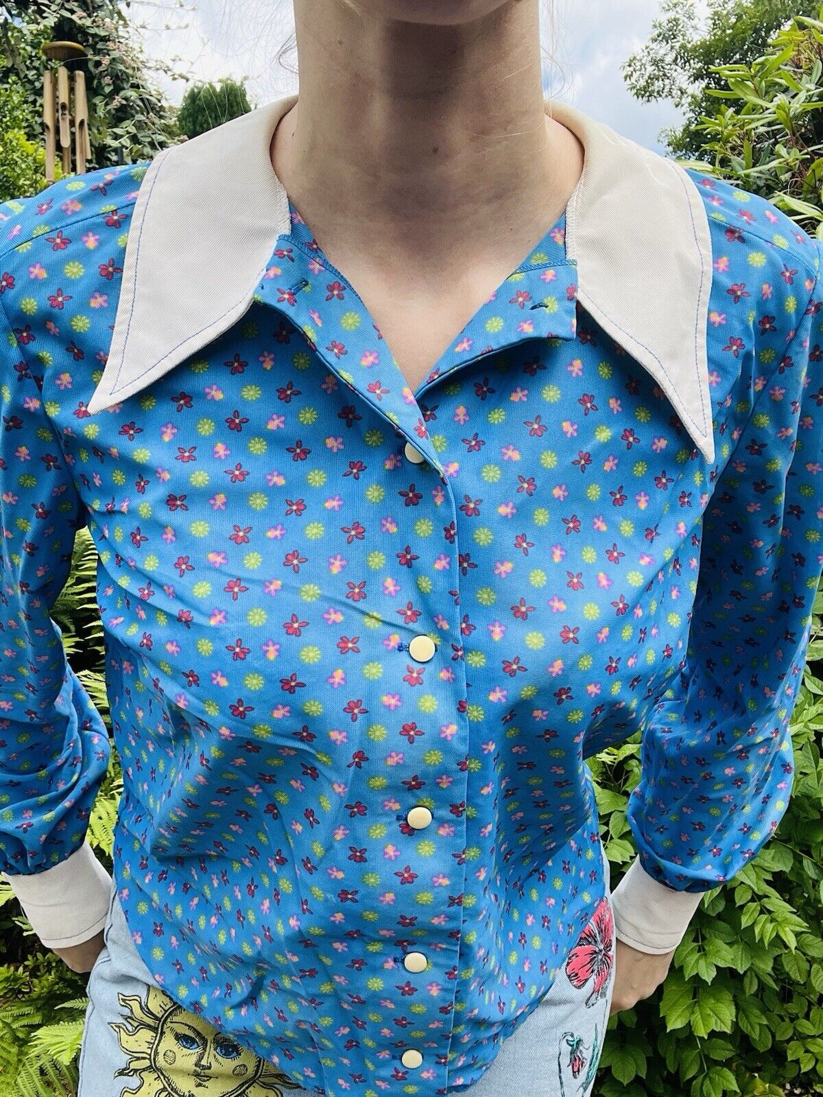 Vintage 60s Blouse With Dagger Collar By Dorothy Perkins With Blue Floral Print