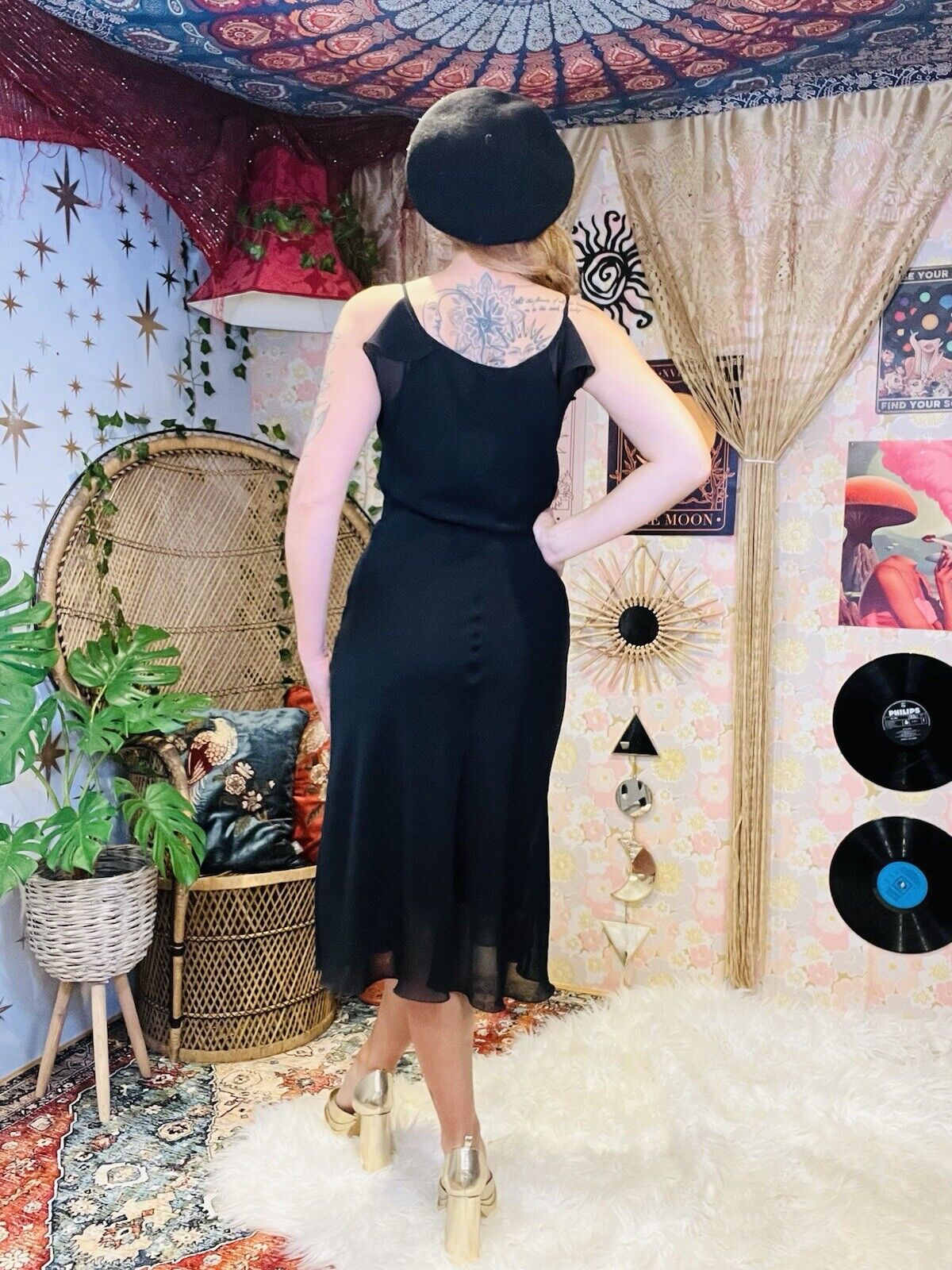 Strappy Whimsigoth Midi Dress With V Neck And Floaty Fabric Black Size 12