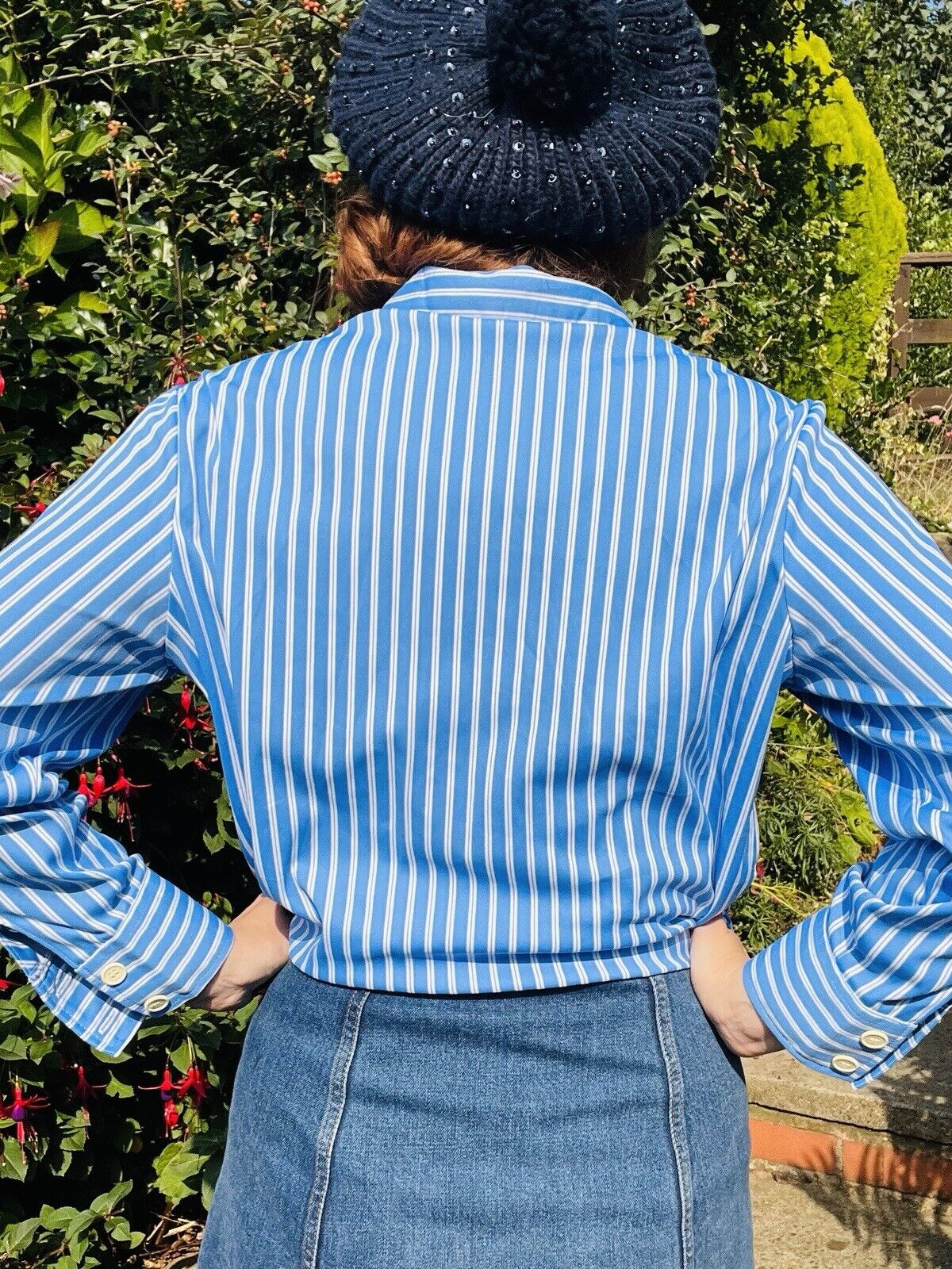 vintage bold striped shirt retro blouse 70s 80s Blue White Size 14-16