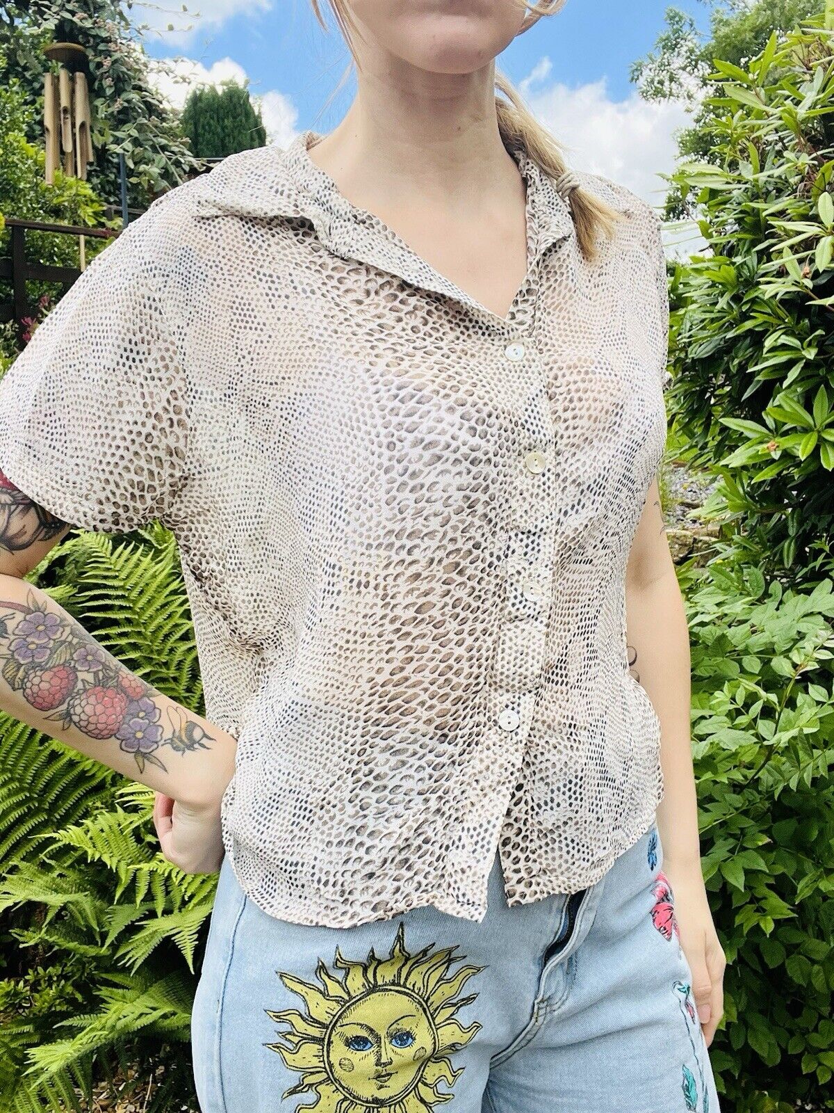 Vintage Y2K Summer Blouse By New Look Short Sleeve Snake Skin Animal Print 16