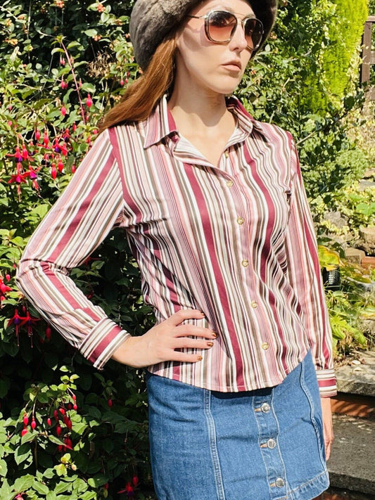 vintage bold striped shirt retro blouse by Areacode Pink Purple Size 10-12