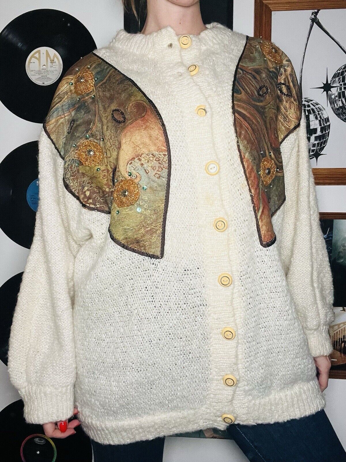 Vintage 80s Retro Cardigan Oversized Baggy Knitted Button Jumper Cream Size L