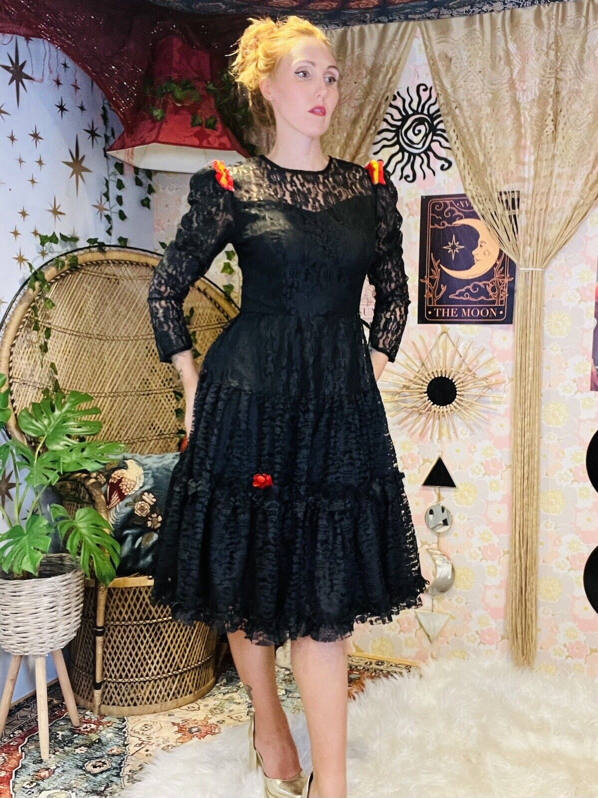 Vintage 80s Part Dress By Yessica Black Lace Full Skirt With Red Detail Size 10