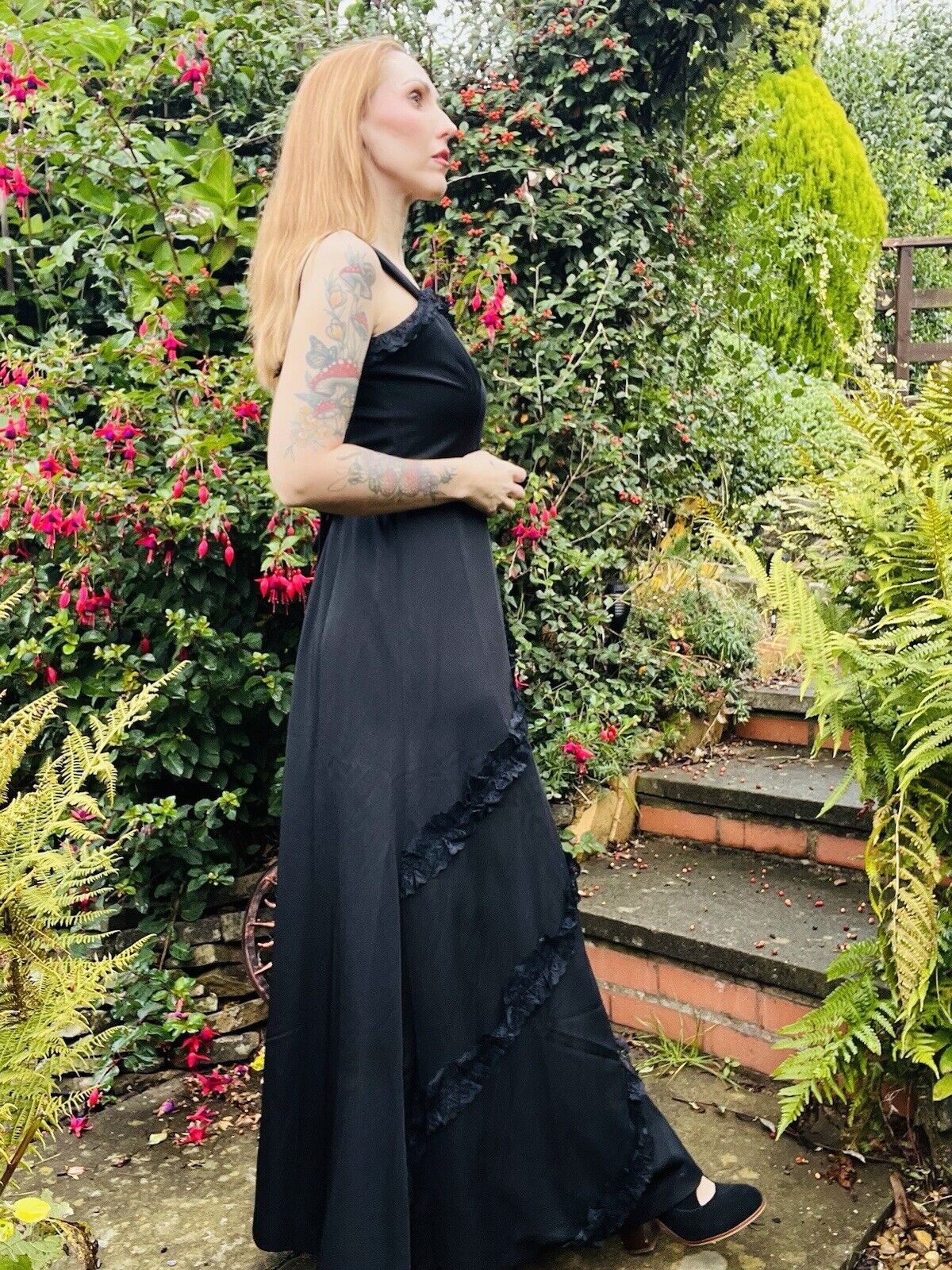 Vintage 90s Long Dress By Hohe Modelle With Lace Ruffle Detail Black Size 14