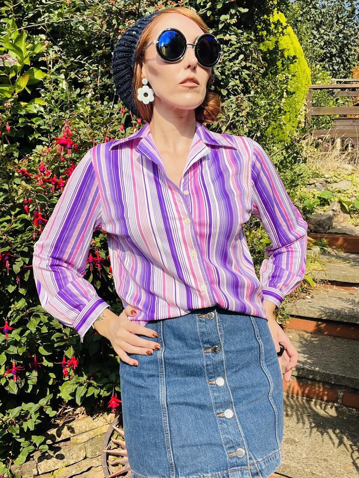 vintage bold striped shirt retro blouse 70s 80s Pink Purple Size 12-14