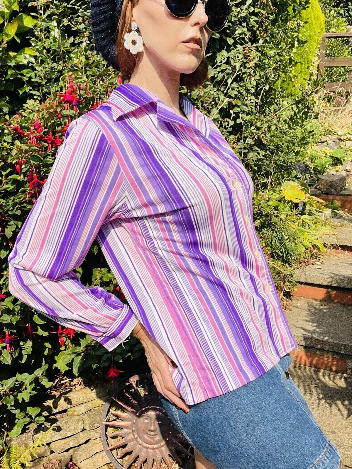 vintage bold striped shirt retro blouse 70s 80s Pink Purple Size 12-14