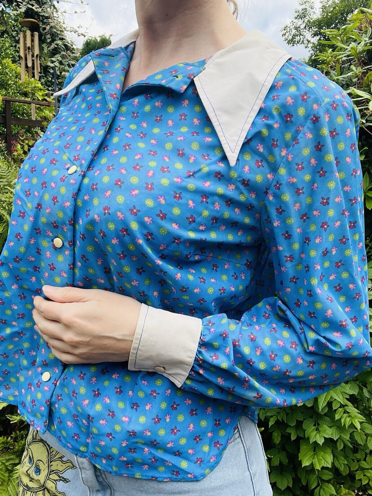 Vintage 60s Blouse With Dagger Collar By Dorothy Perkins With Blue Floral Print