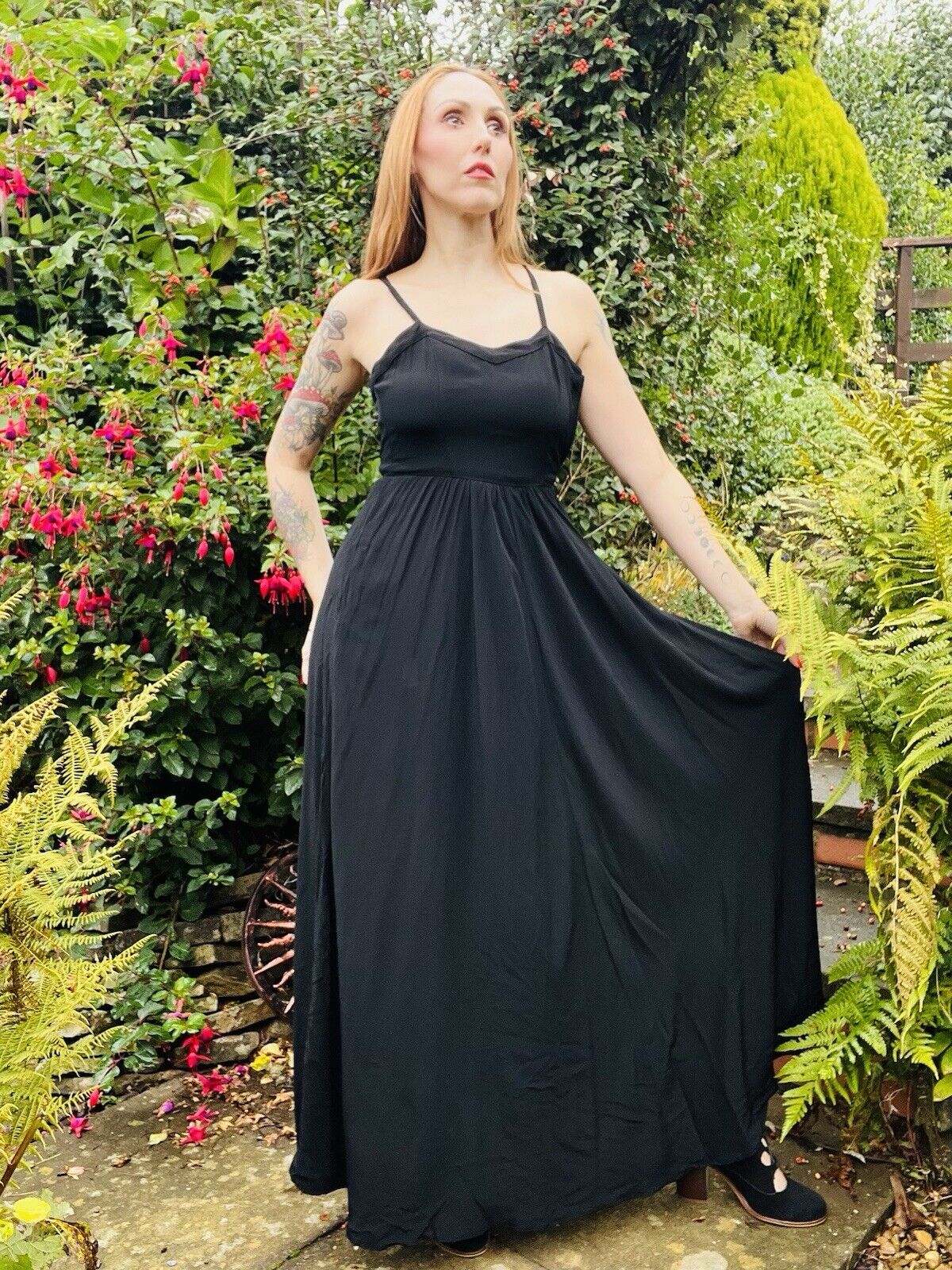 Vintage 70s Maxi Dress By Elkont Whimsigoth Long Strappy Dressed Black Size 8