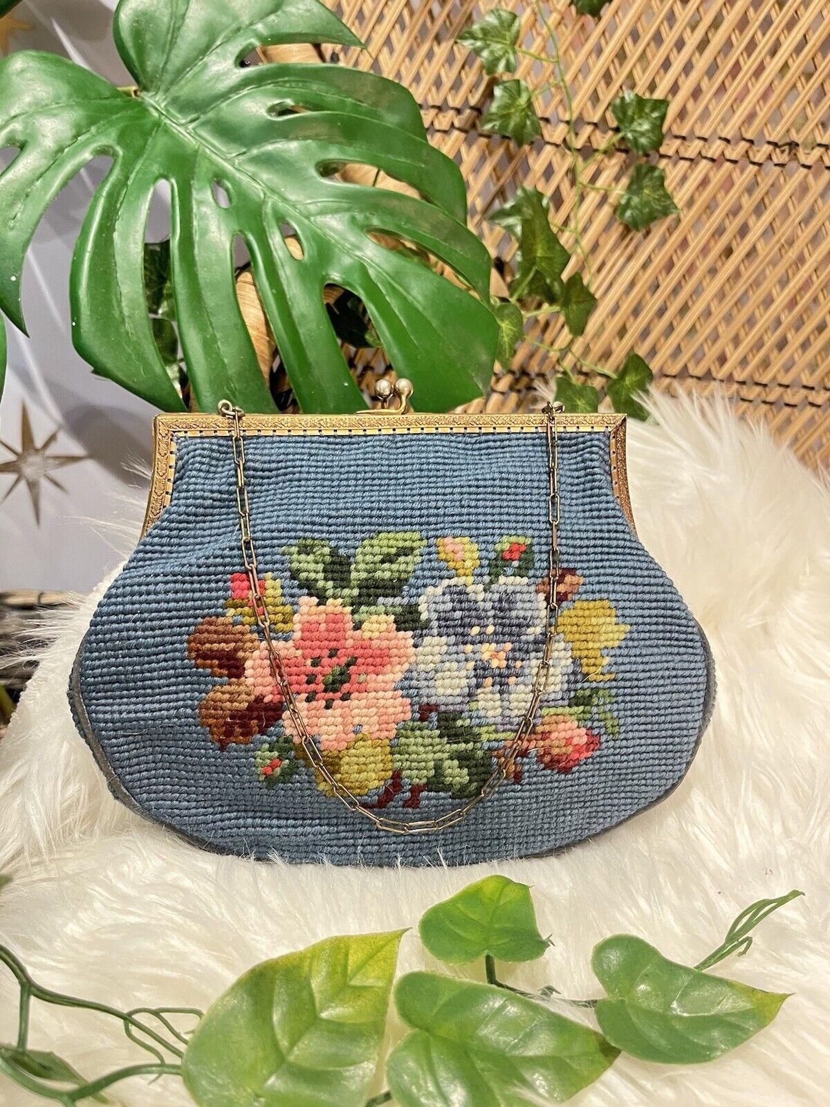 Vintage 50s Needlepoint Purse Tapestry Embroidered Handbag Mid century Bag Blue