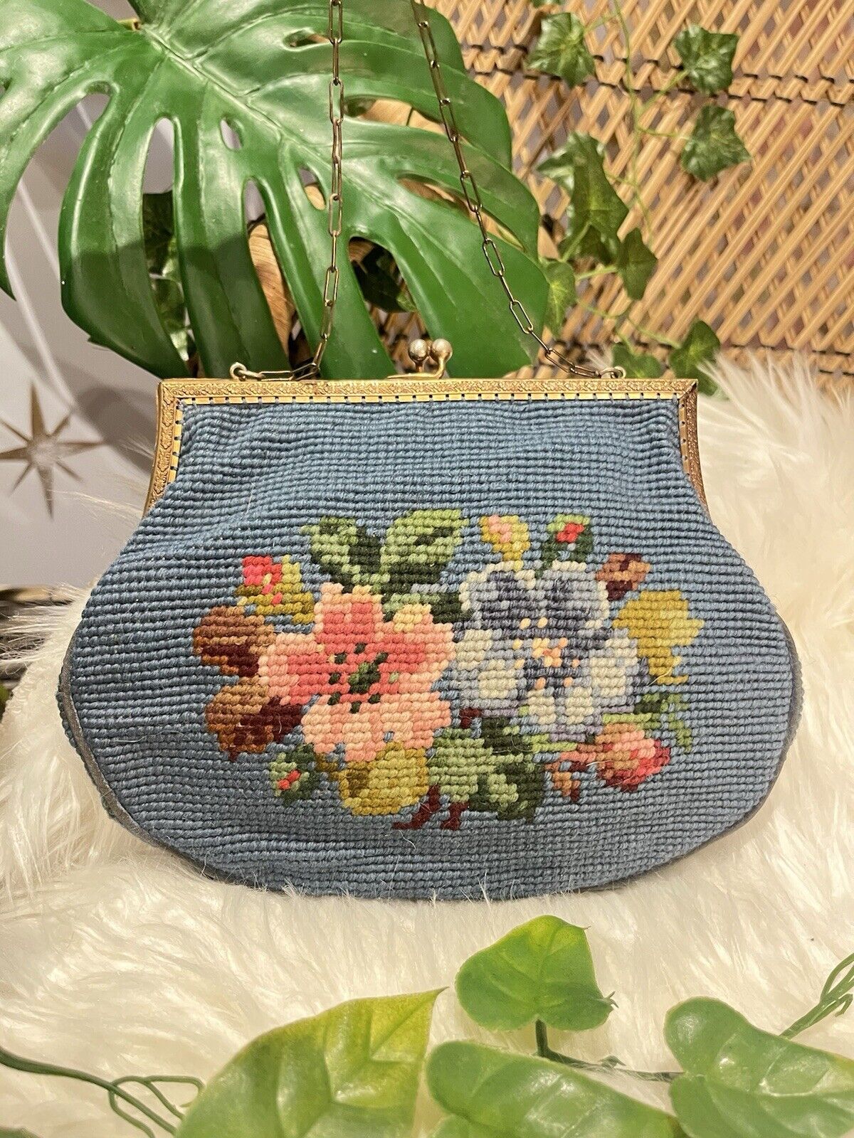 Vintage 50s Needlepoint Purse Tapestry Embroidered Handbag Mid century Bag Blue