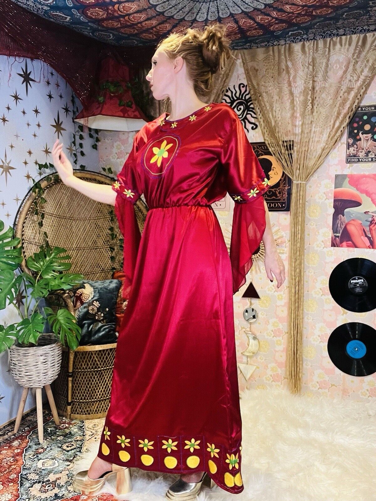 Whimsigoth Cosplay Maxi Dress Medieval Wizard Floaty Sleeves Embroidered Red 10