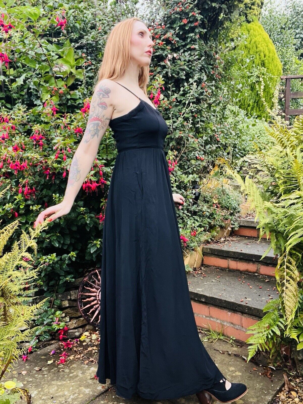 Vintage 70s Maxi Dress By Elkont Whimsigoth Long Strappy Dressed Black Size 8