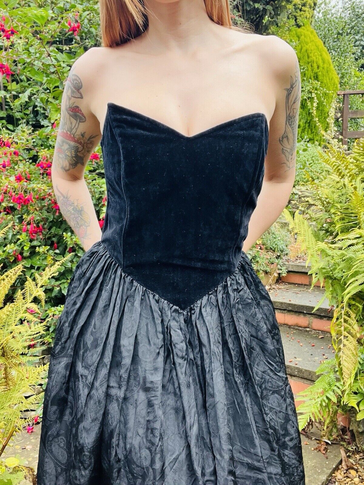 Vintage 80s Party Dress By Nicowa Strapless Velvet Bodice Paisley Satin Black 10