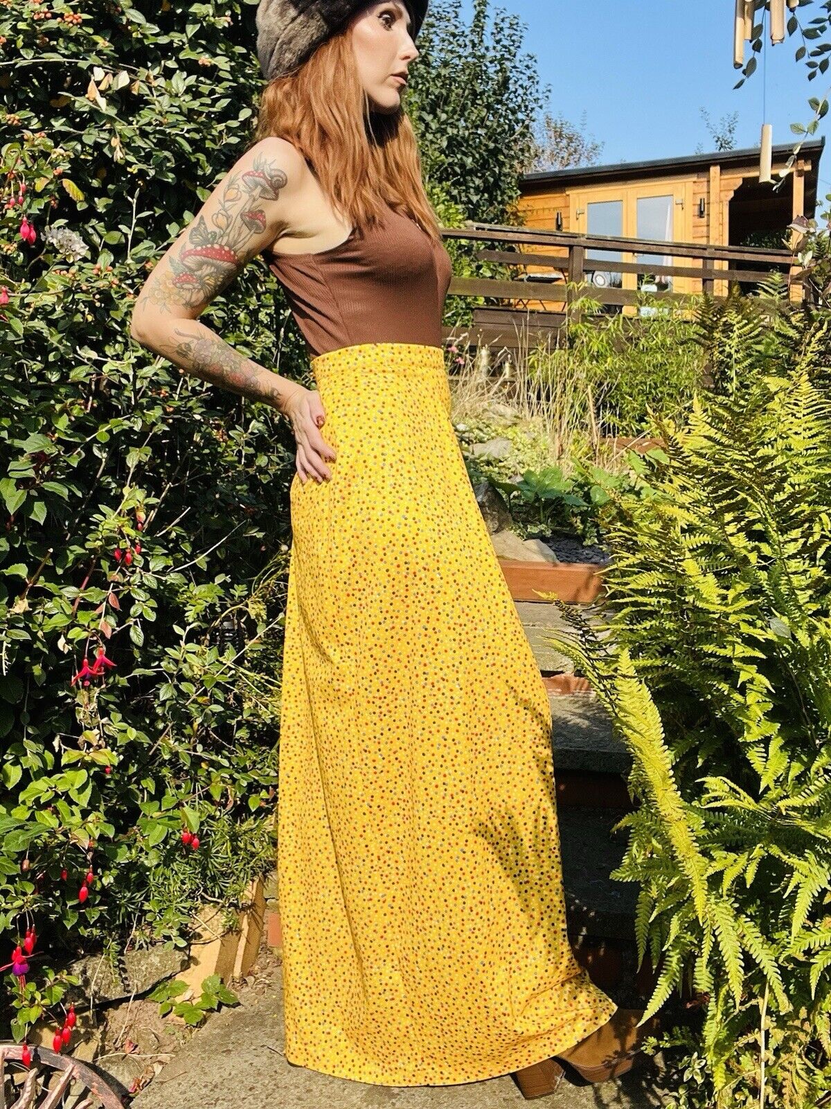 Vintage 60s Maxi Skirt Long Polkadot Yellow 1960s Skirt Size 10