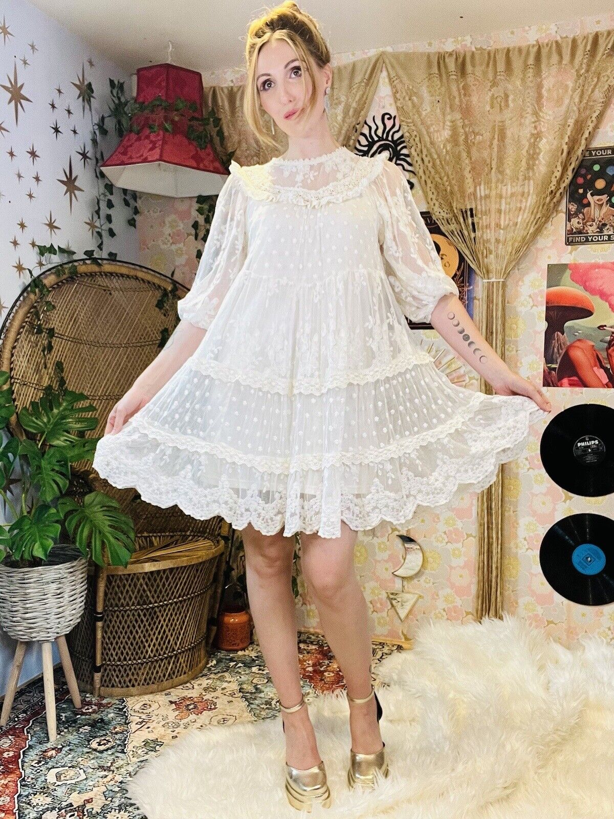 Hippie Boho Summer Dress By Lily McBee Layered Lace Detail Fairycore Size M