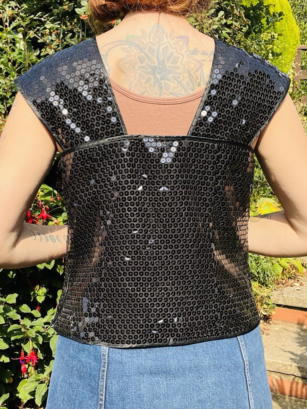 Vintage 80s Black Sequin Top Sparkly Evening Tank Vest Top Sleeveless Cami 16