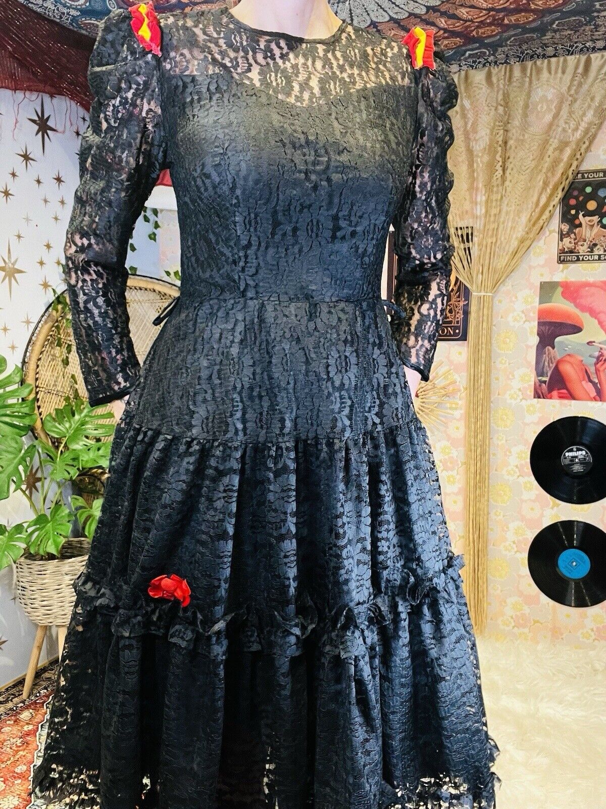 Vintage 80s Part Dress By Yessica Black Lace Full Skirt With Red Detail Size 10