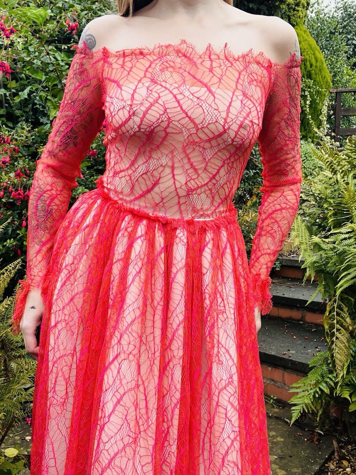 Vintage 80s Lace Dress Long Sheer Sleeves Red Lace With Lining Size 10