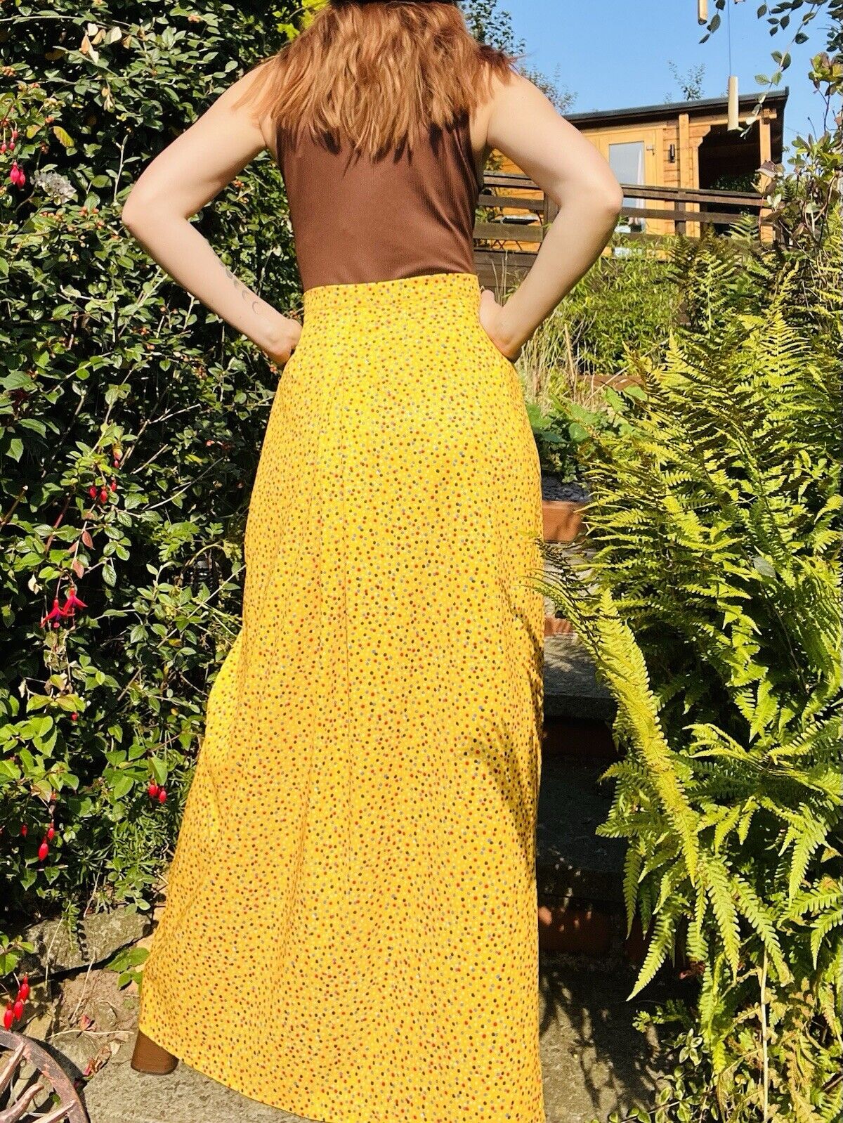 Vintage 60s Maxi Skirt Long Polkadot Yellow 1960s Skirt Size 10