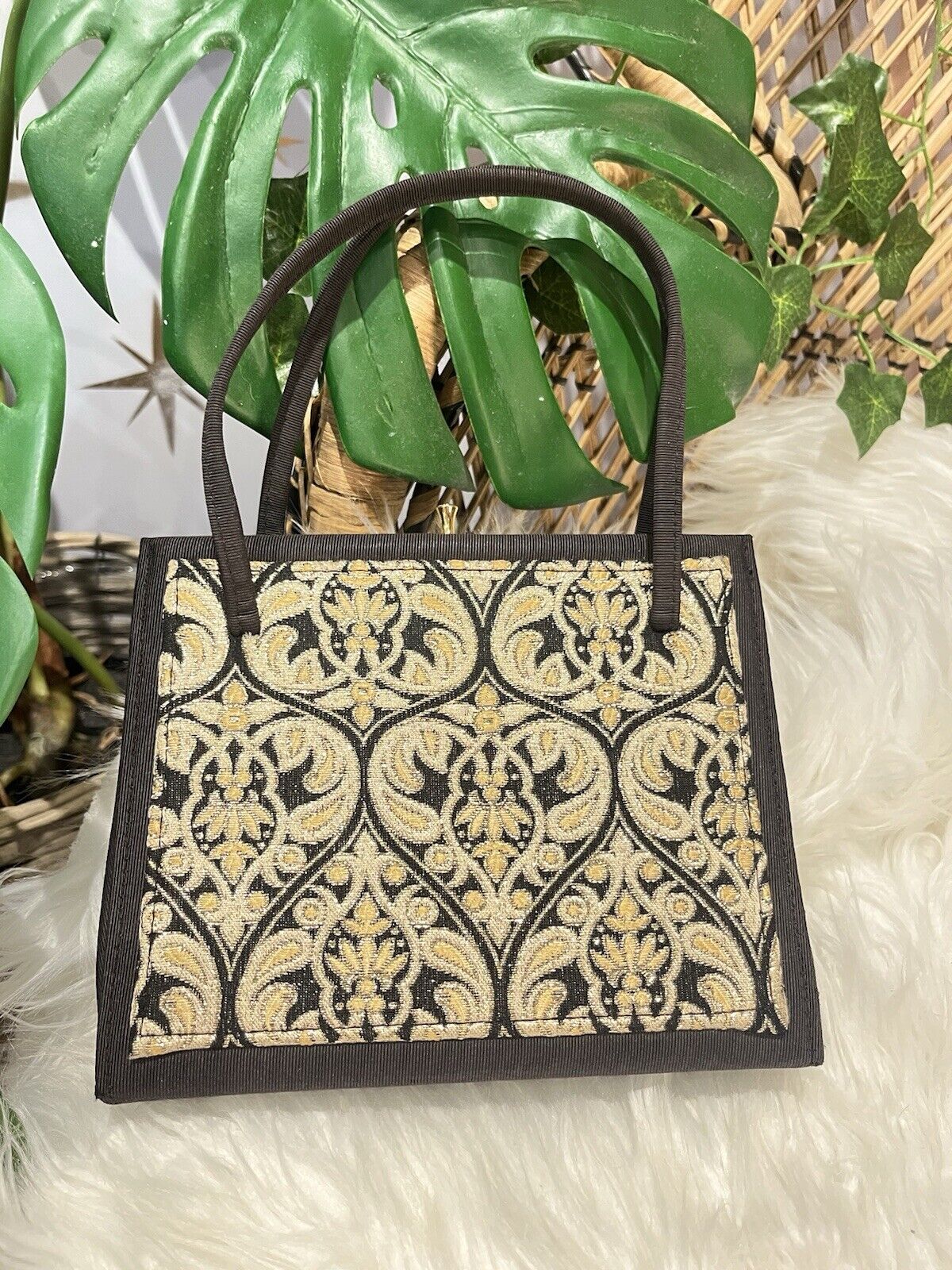 Vintage 60s Embroidered Handbag 1960s Evening Bag Top Handle Purse Black Gold