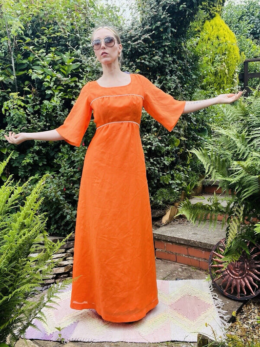 Vintage 60s Maxi Dress With Flared Sleeves Hippie Festival Style Size 10 Orange