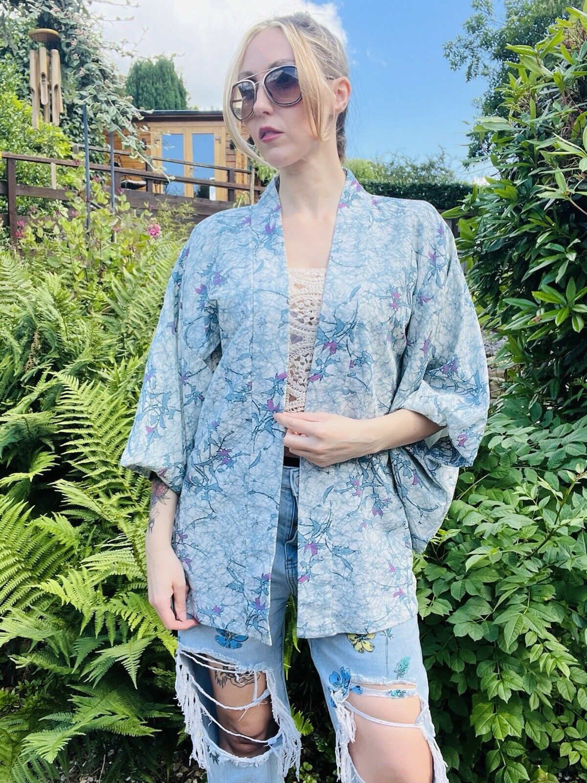 Vintage Hippie Boho Kimono Jacket With Blue Abstract Print Free Size