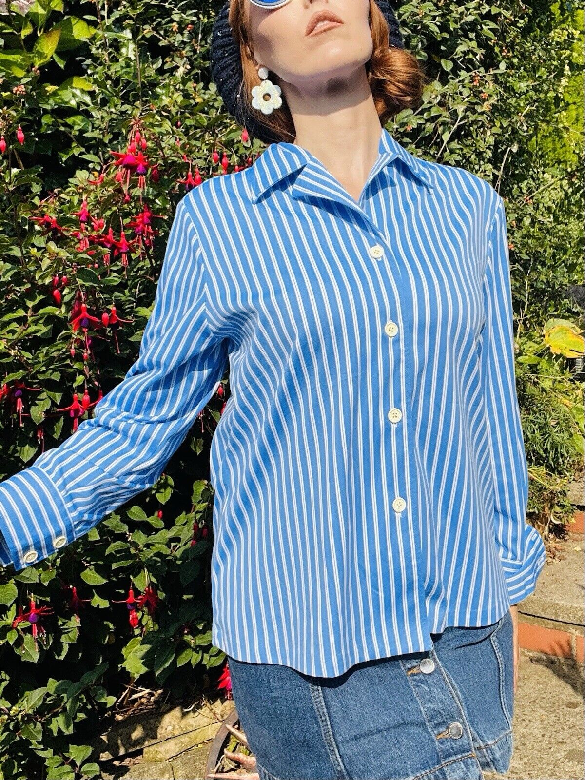 vintage bold striped shirt retro blouse 70s 80s Blue White Size 14-16