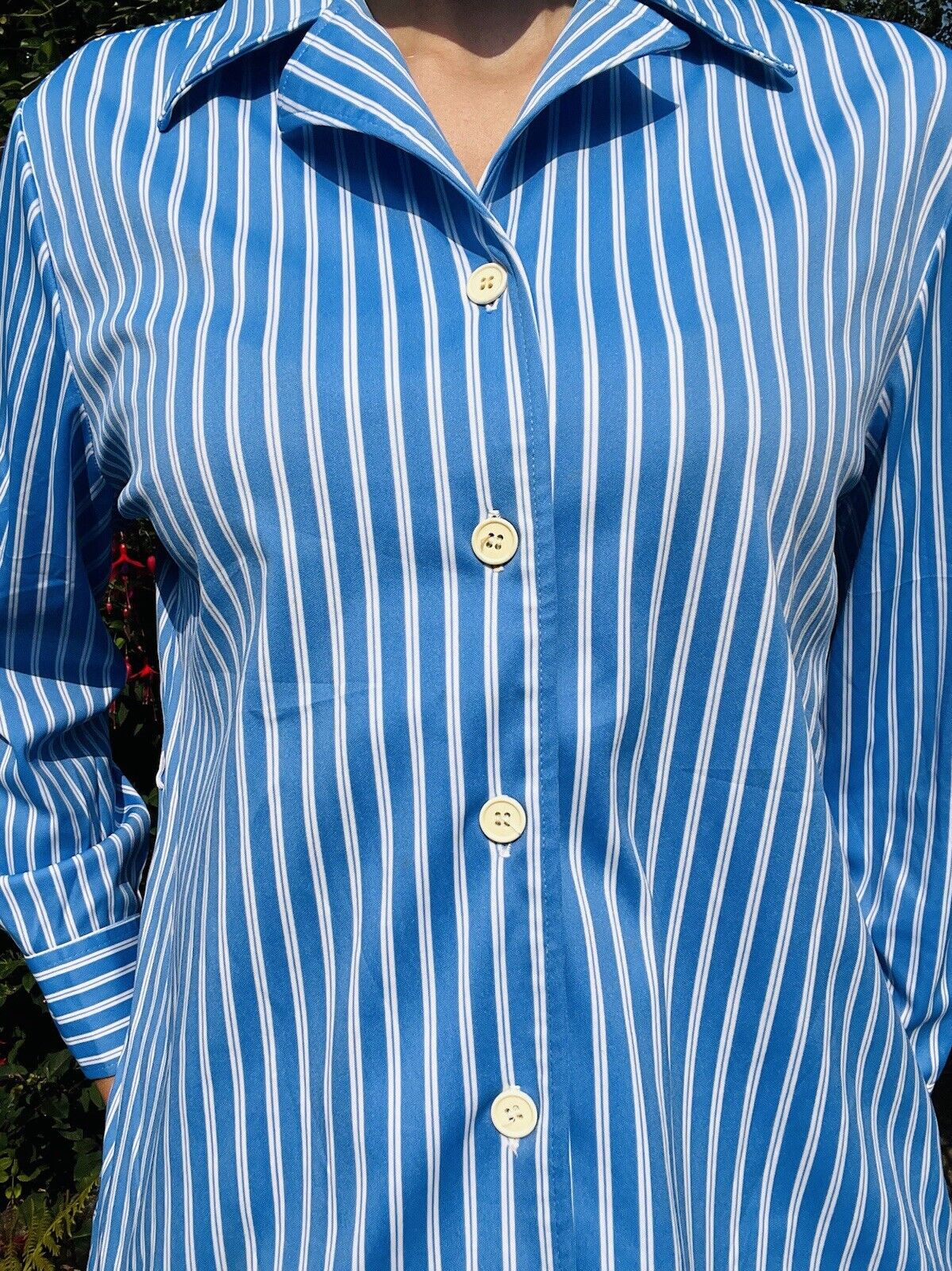 vintage bold striped shirt retro blouse 70s 80s Blue White Size 14-16