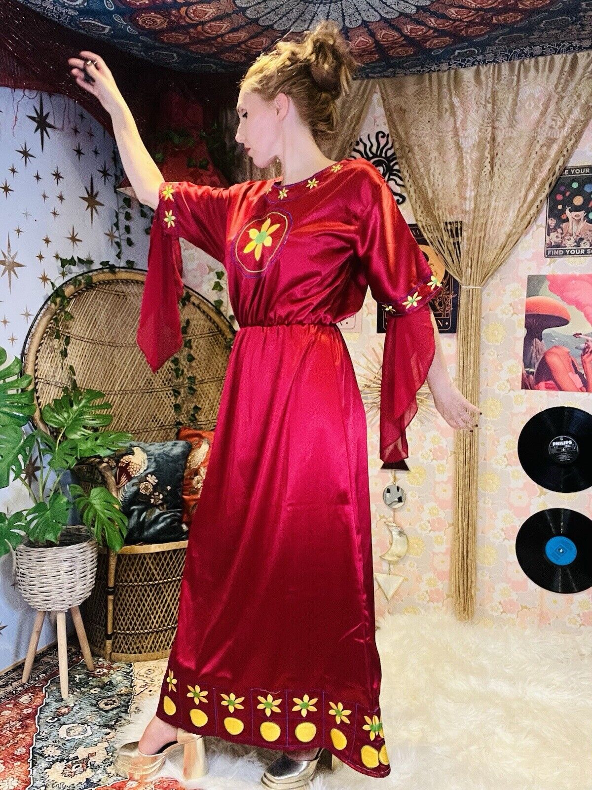 Whimsigoth Cosplay Maxi Dress Medieval Wizard Floaty Sleeves Embroidered Red 10