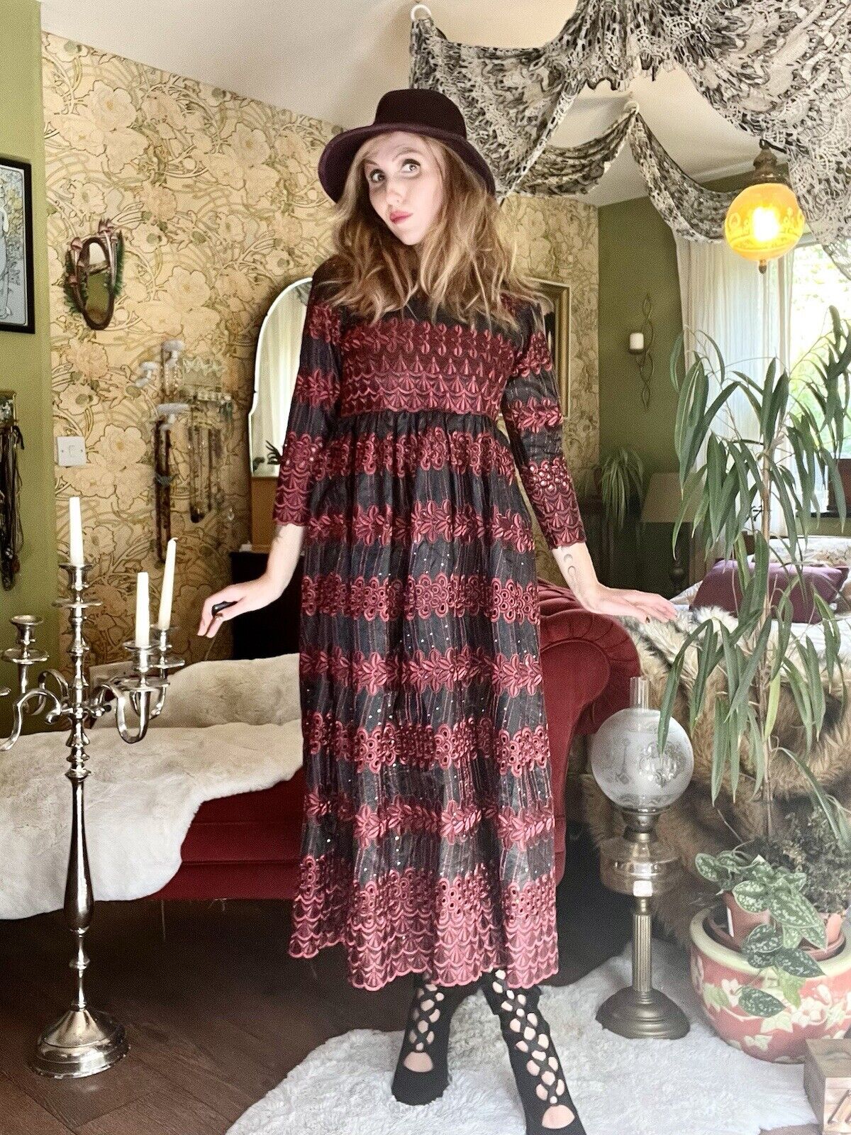 vintage midi dress red and black long sleeve embroidered dress size 8