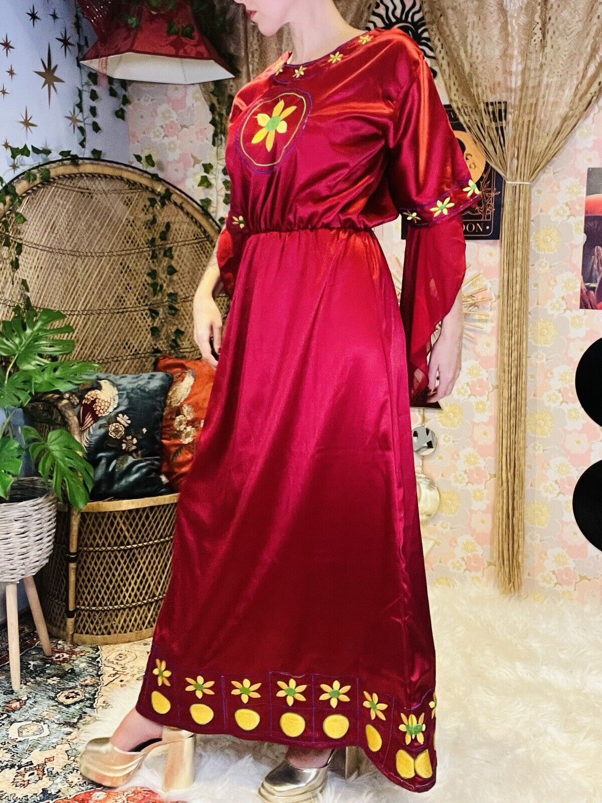 Whimsigoth Cosplay Maxi Dress Medieval Wizard Floaty Sleeves Embroidered Red 10