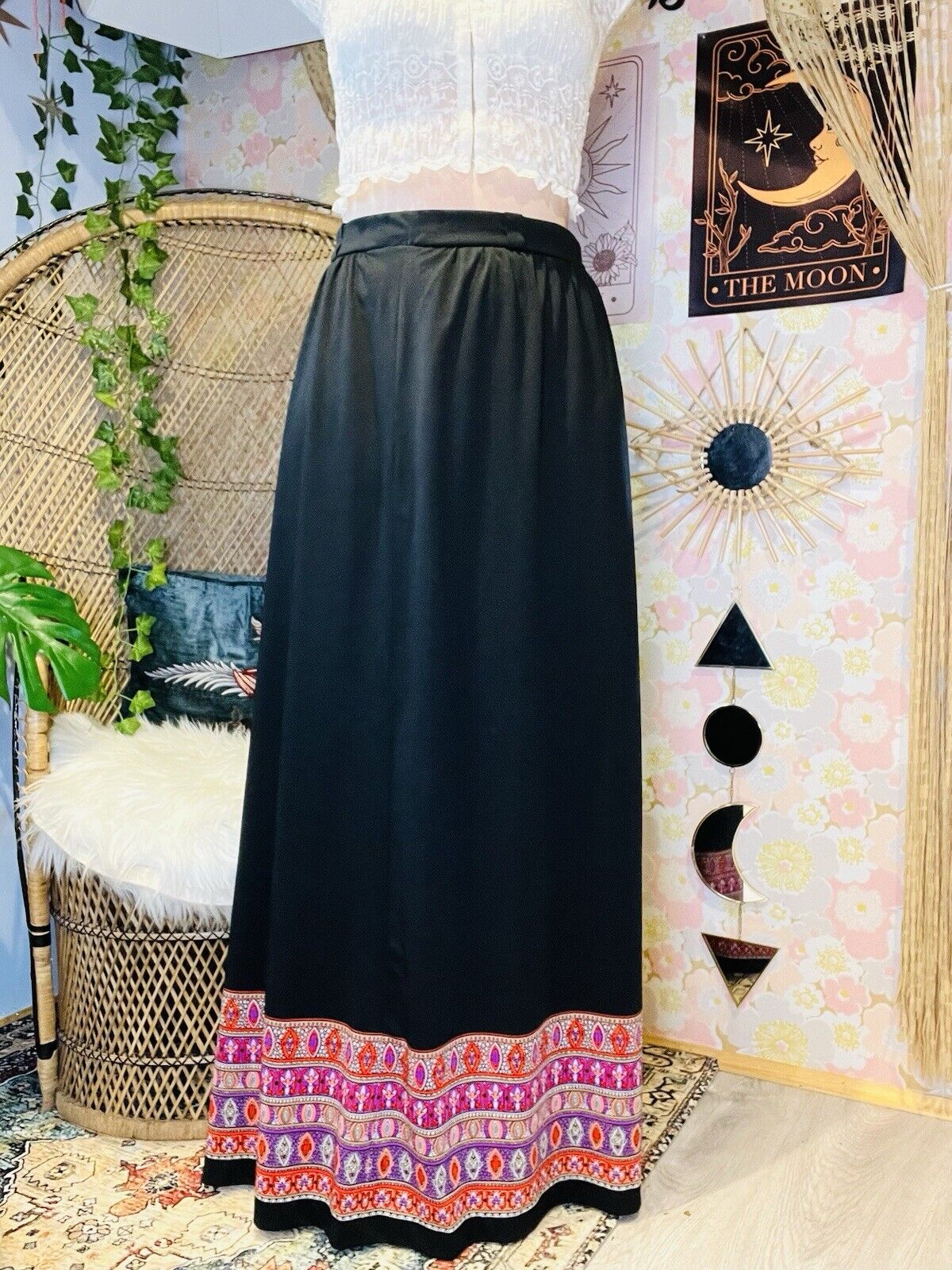 Vintage 70s Maxi Skirt Hippie Both Long High Waist Psychedelic Print Black 14