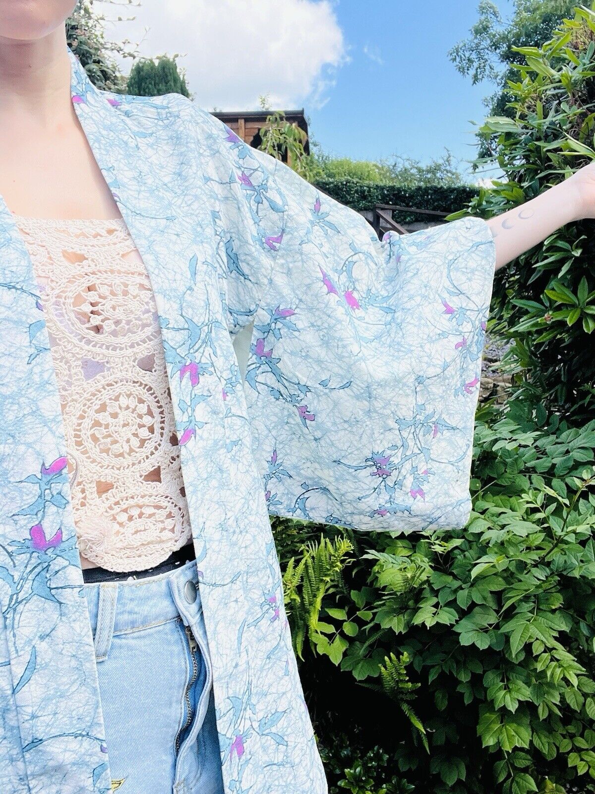 Vintage Hippie Boho Kimono Jacket With Blue Abstract Print Free Size