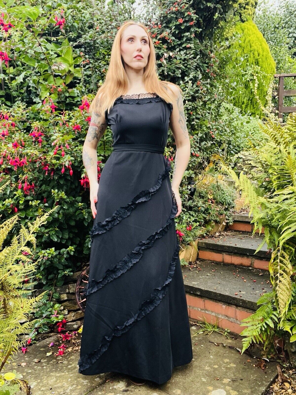 Vintage 90s Long Dress By Hohe Modelle With Lace Ruffle Detail Black Size 14