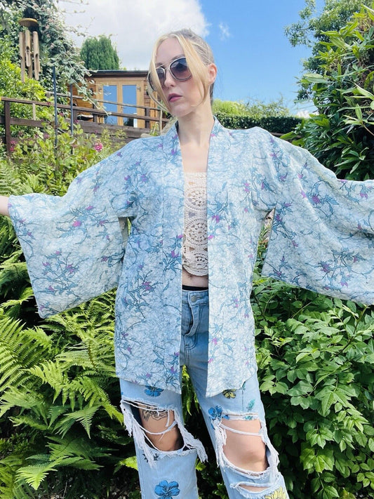 Vintage Hippie Boho Kimono Jacket With Blue Abstract Print Free Size