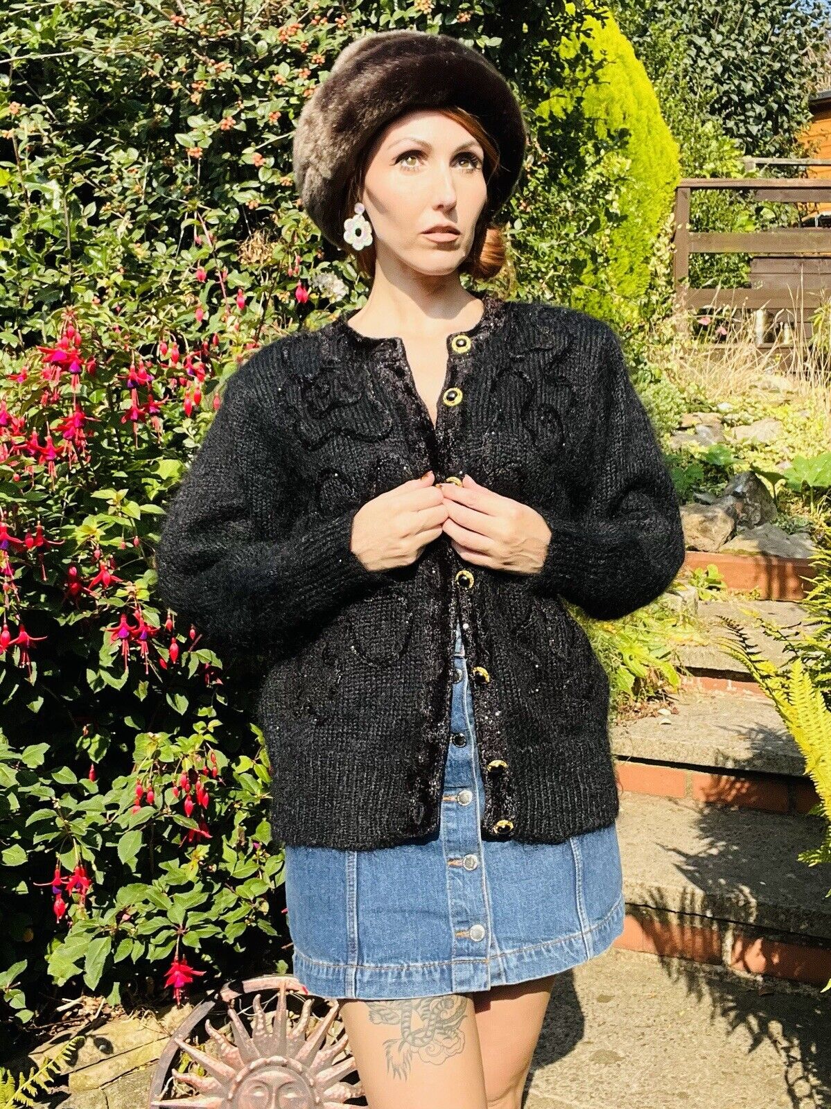 Vintage 80s Retro Cardigan Fluffy Woolly Knit 1980s Warm Winter Cardigan Size M