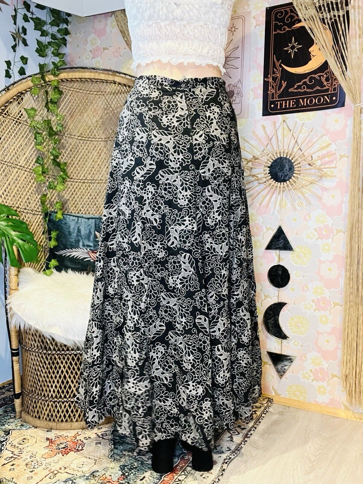 Vintage 90s Whimsigoth Skirt By C&A Long Maxi Floaty Abstract Pattern Size 10