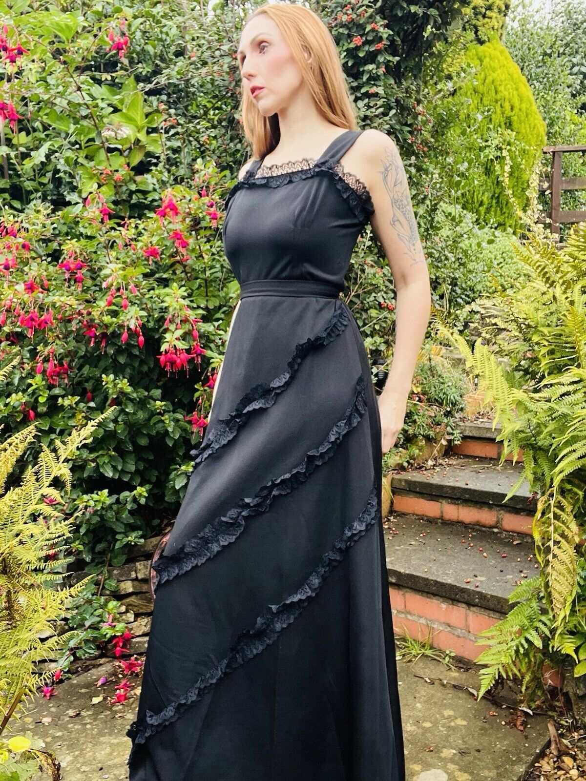 Vintage 90s Long Dress By Hohe Modelle With Lace Ruffle Detail Black Size 14