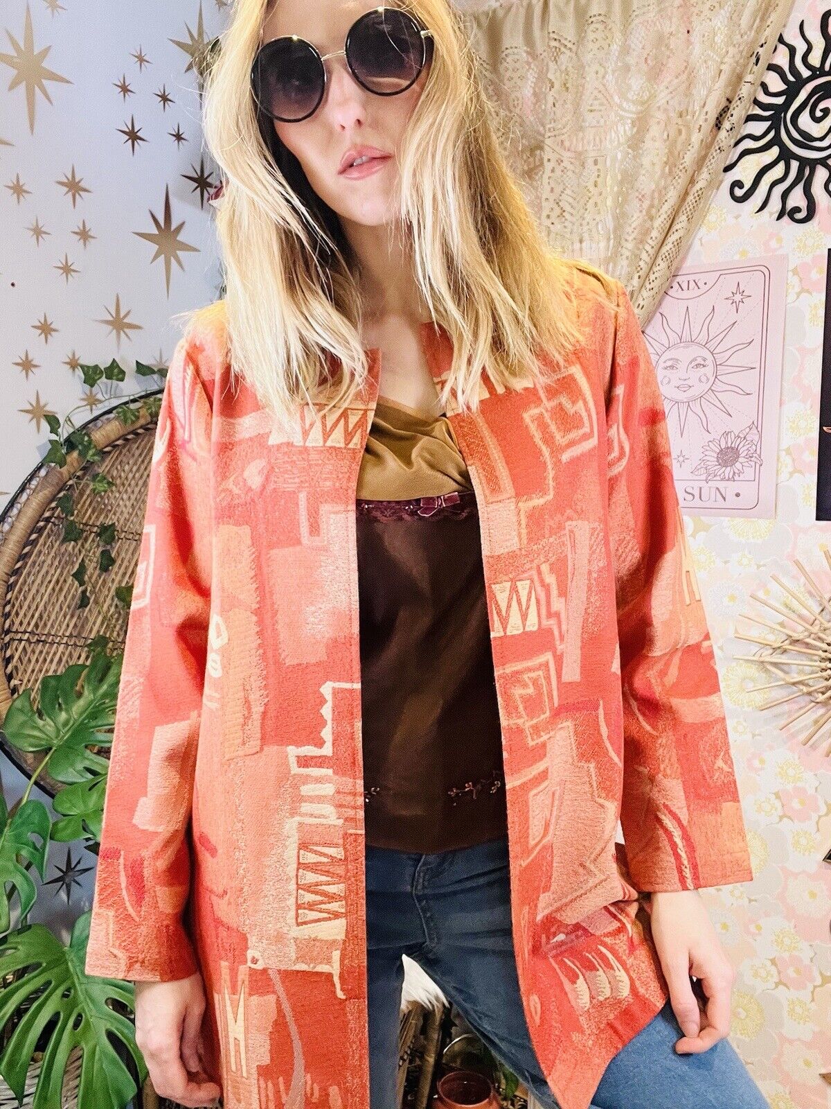 Vintage 80 Jacket Abstract Bold Print Long Sleeve Round Neck Oversized Fit M