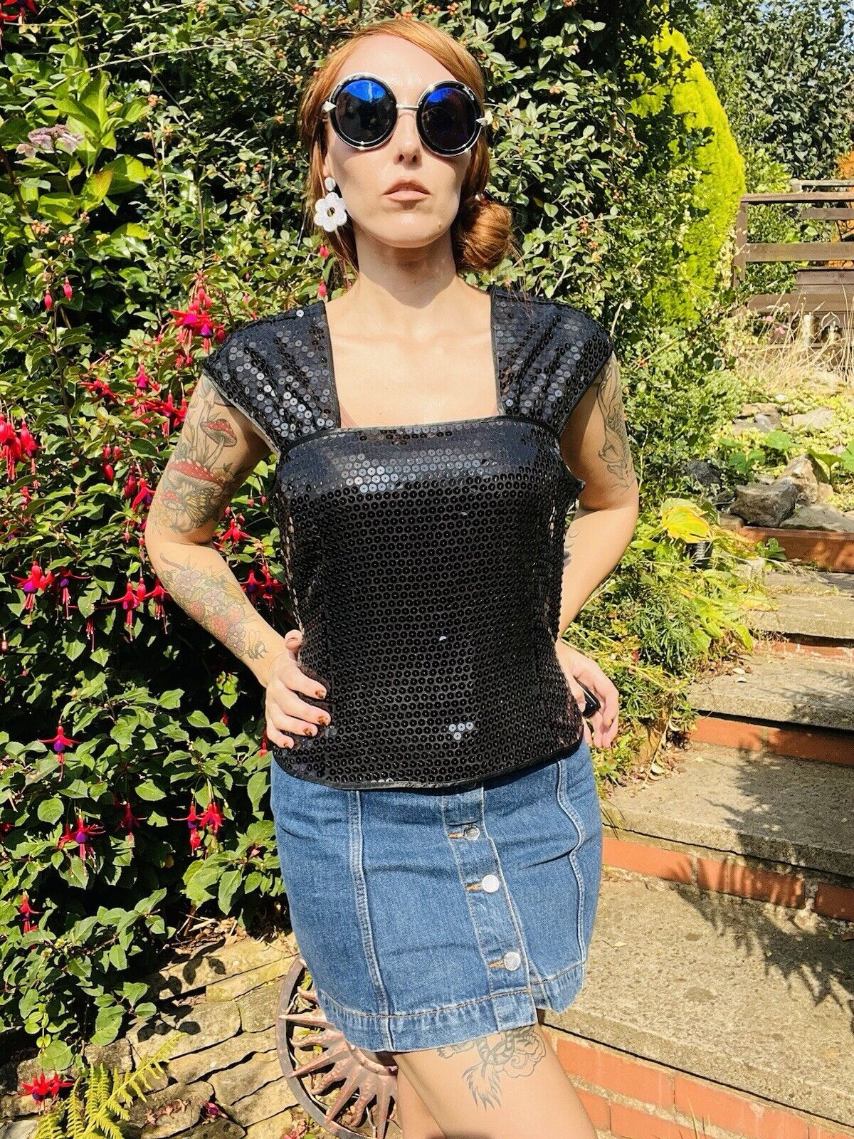 Vintage 80s Black Sequin Top Sparkly Evening Tank Vest Top Sleeveless Cami 16