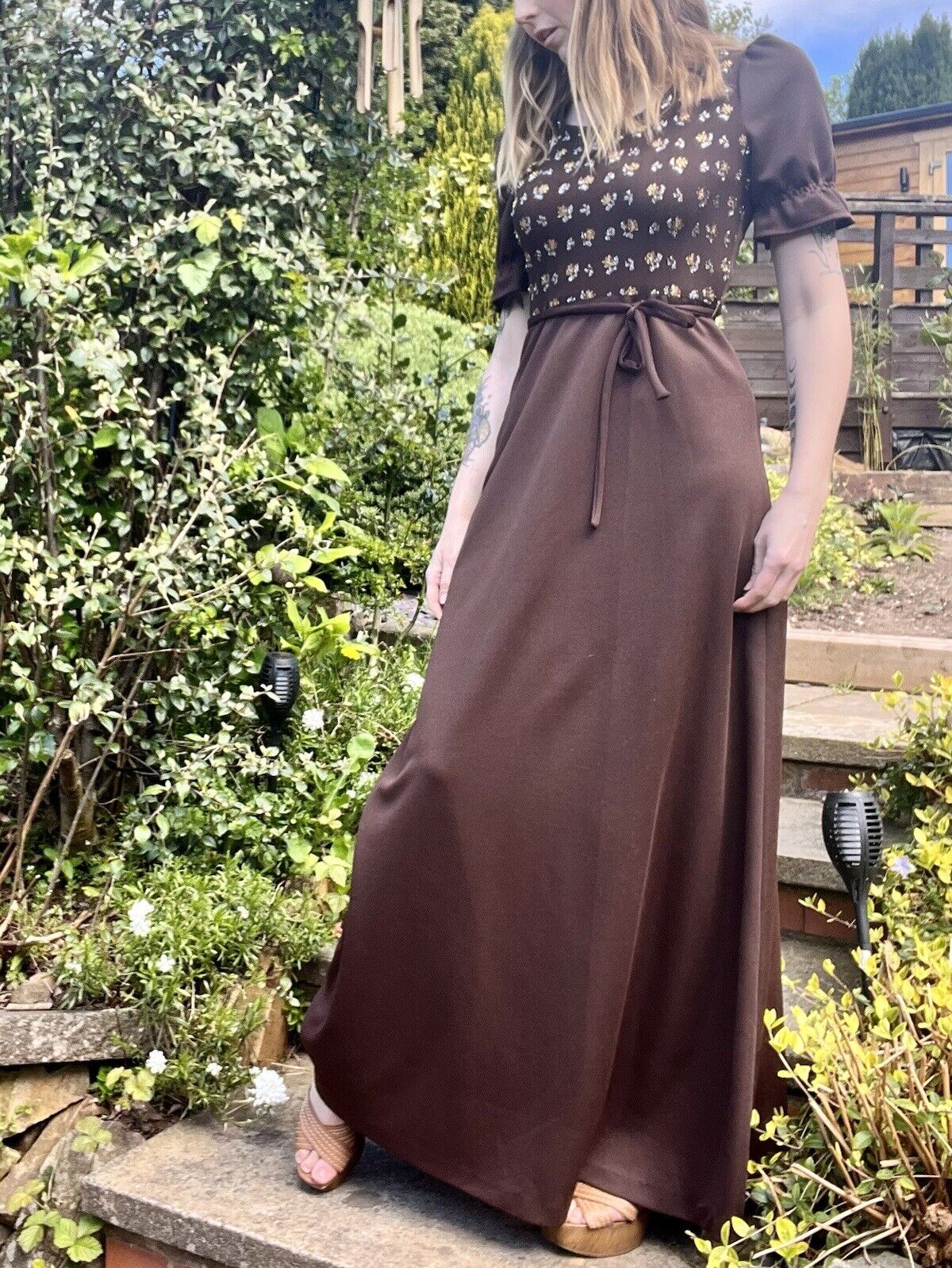 Vintage 60s Maxi Dress With Tie Waist And Gold Detail Size 10