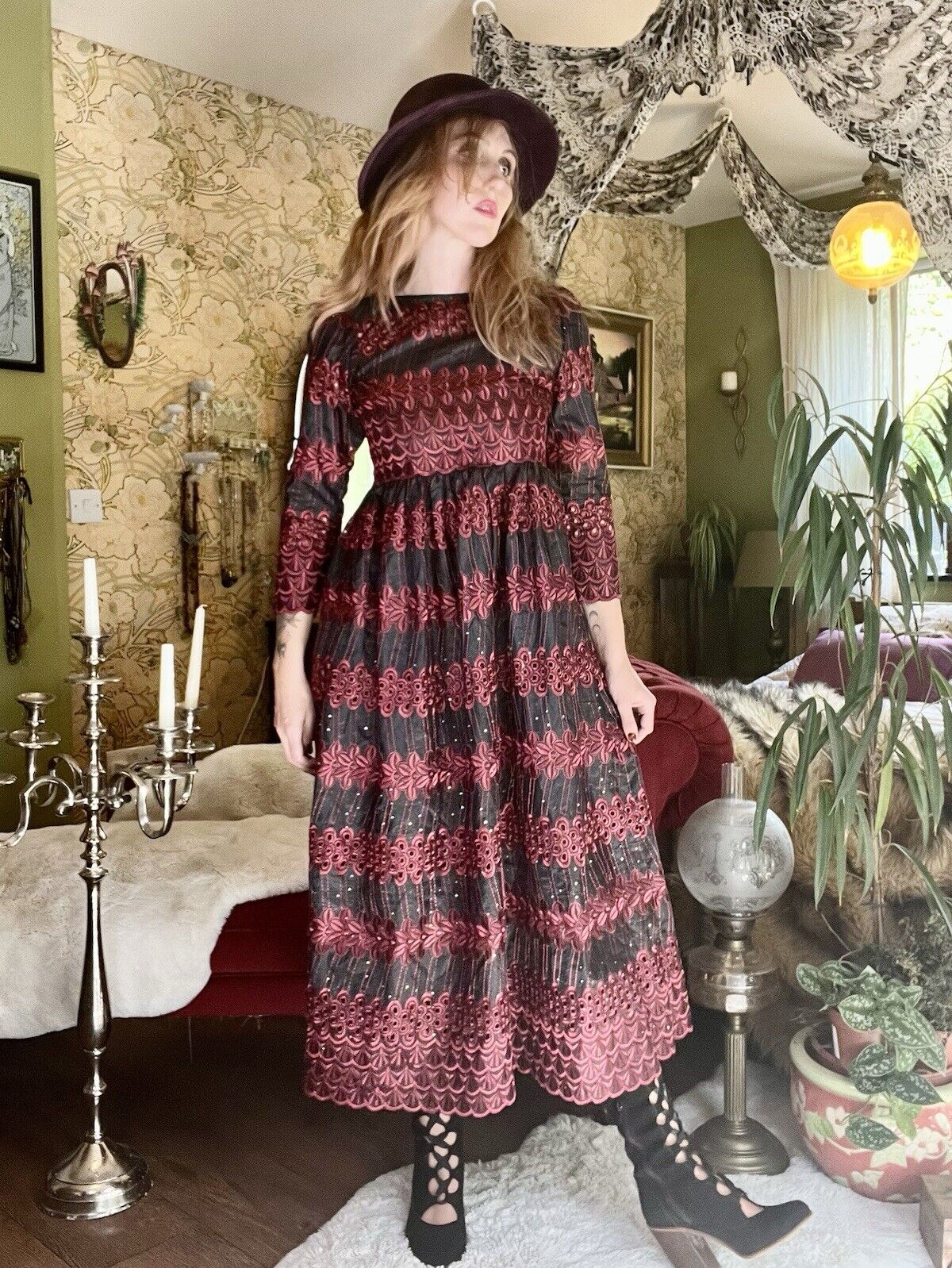 vintage midi dress red and black long sleeve embroidered dress size 8