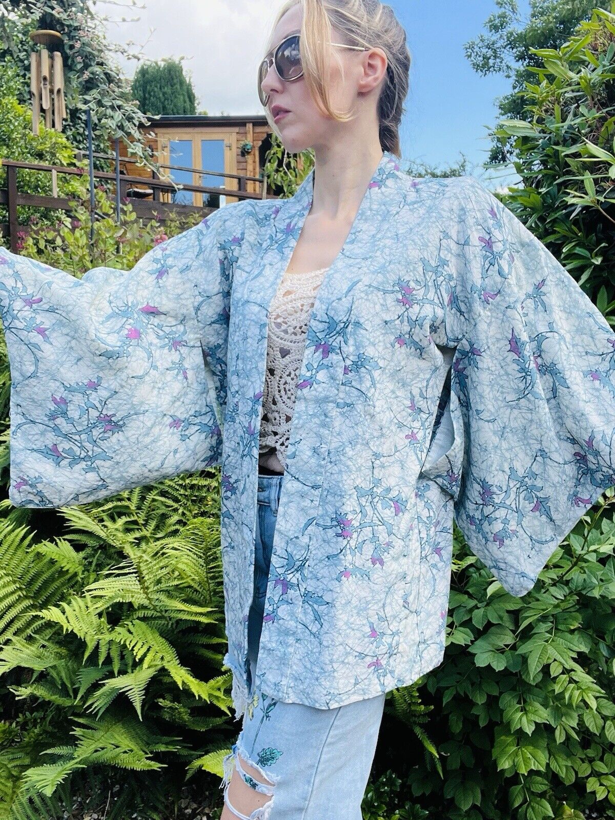 Vintage Hippie Boho Kimono Jacket With Blue Abstract Print Free Size